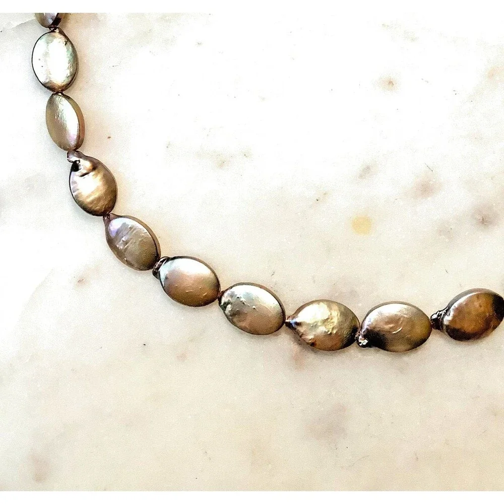Freshwater Pearl Coin Necklace Pink Gold Green Purple Iridescent Baroque Pearls